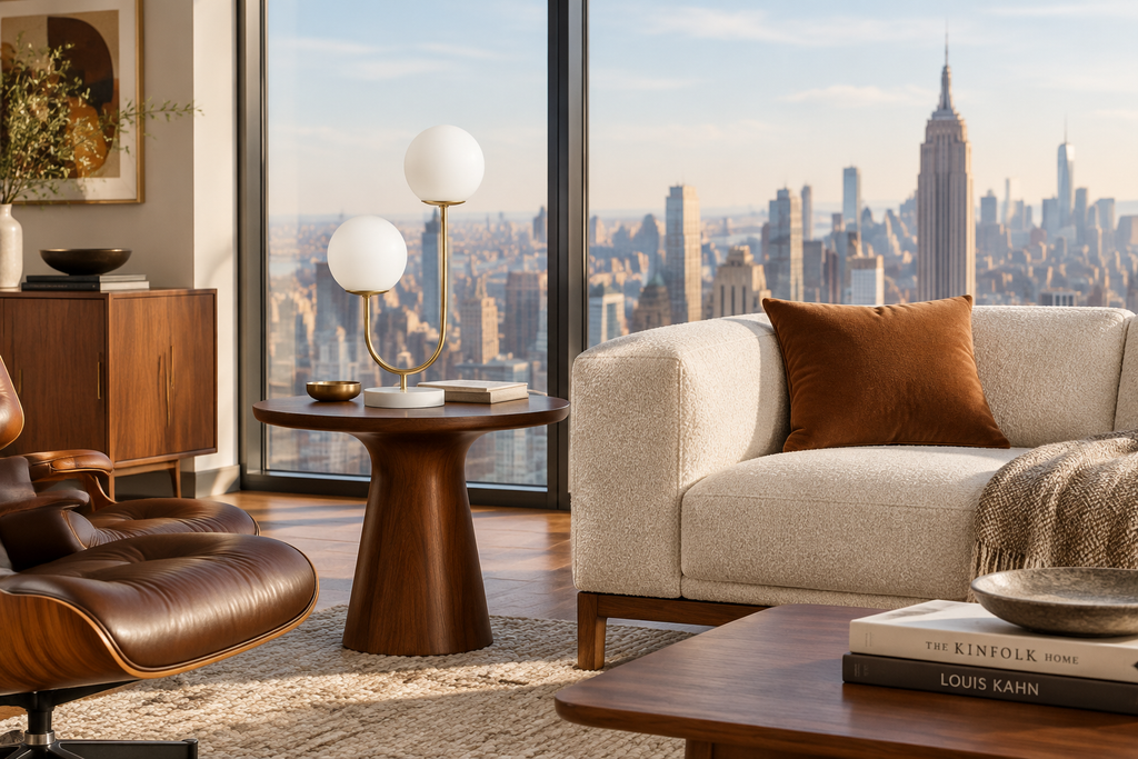 Halo Doppio lamp in a penthouse living room with city skyline views