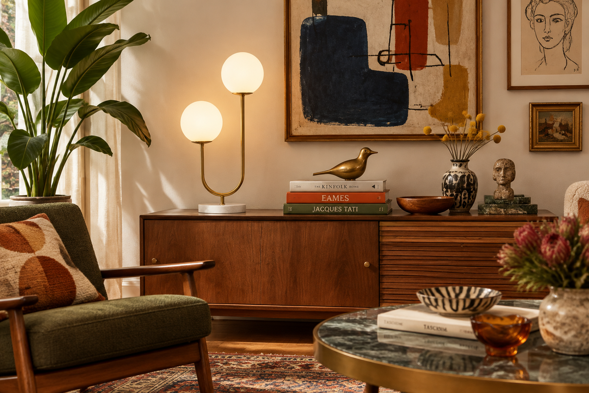 Halo Doppio lamp on a console in an eclectic MCM living room