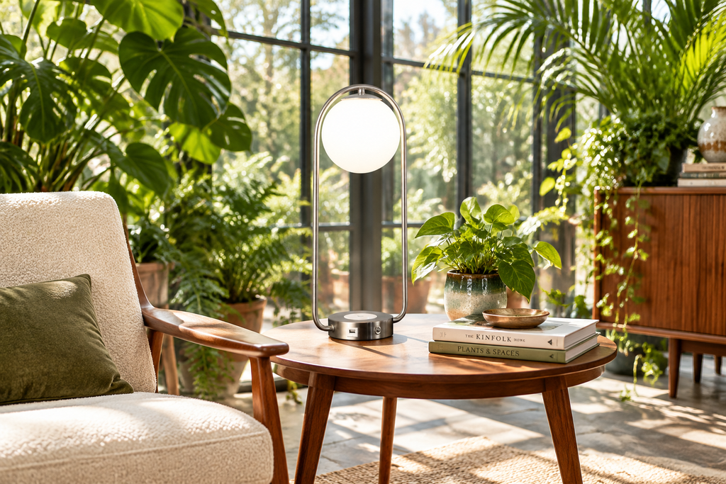 Halo Table Lamp in a bright conservatory with lots of plants
