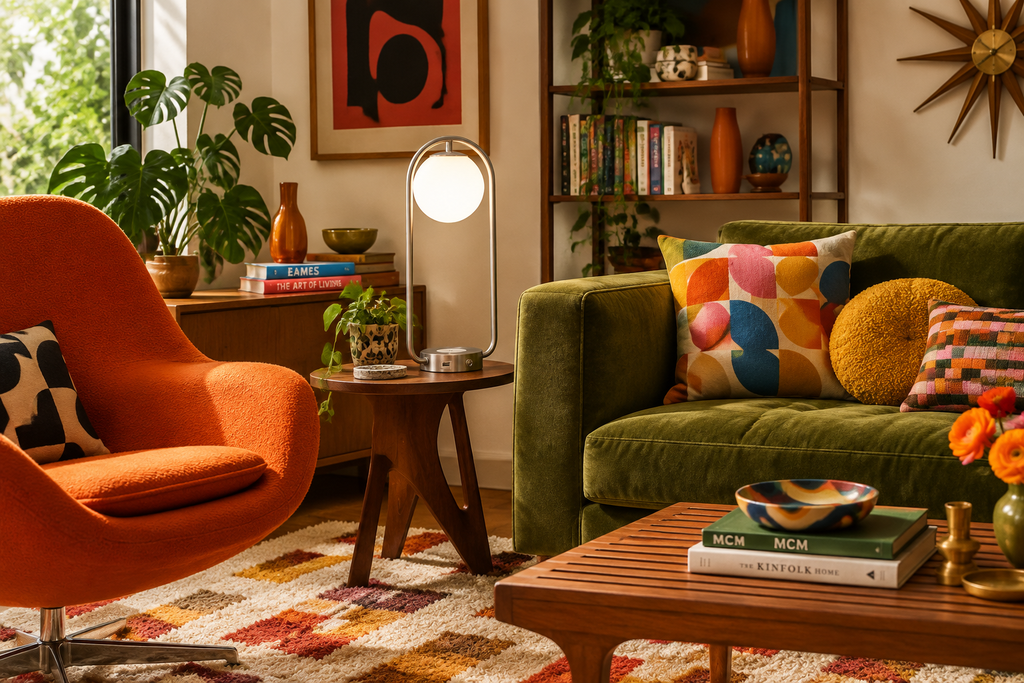 Halo Table Lamp in an eclectic MCM room with orange womb chair, moss sofa, and slat wood coffee table