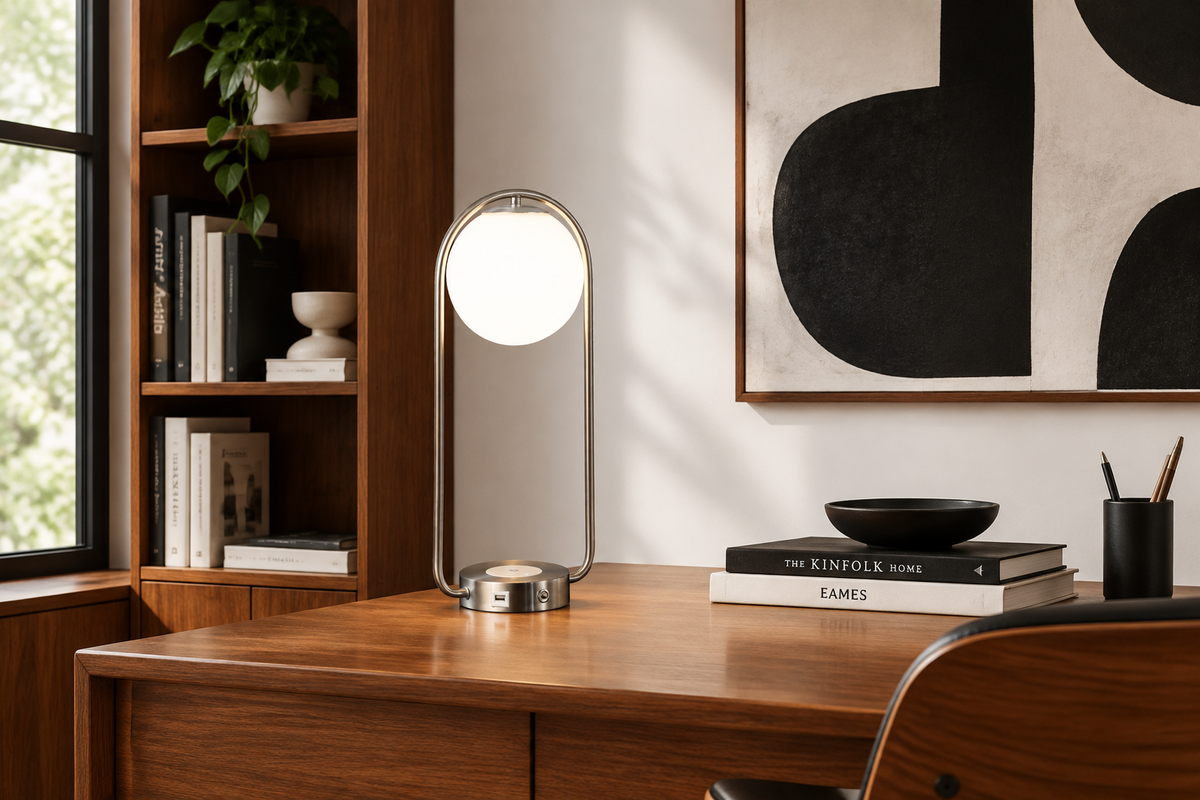 Halo Table Lamp on a desk in a black and white MCM study