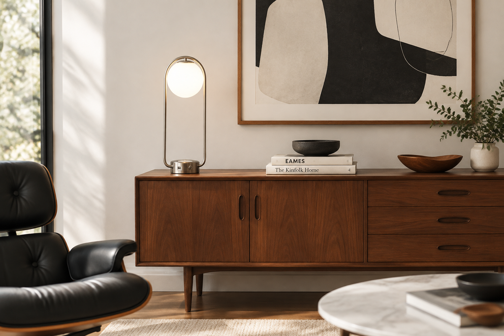 Halo Table Lamp on a walnut credenza in a black and white MCM room with abstract art
