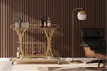 Harlow cart against thin vertical dark-walnut panels