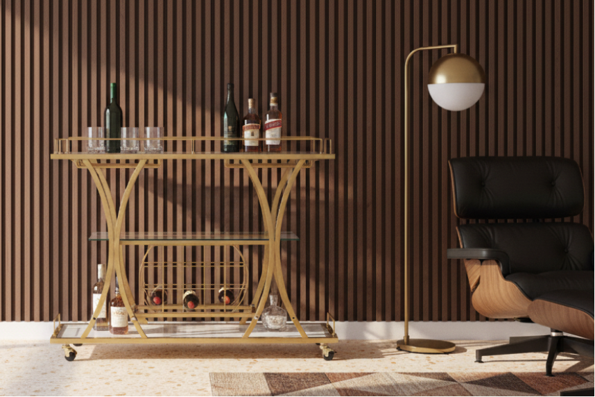 Harlow cart against thin vertical dark-walnut panels