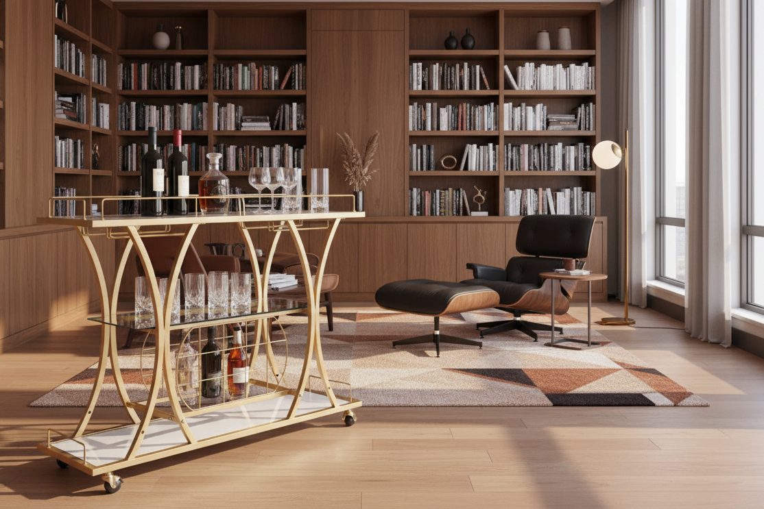 Harlow cart in a floor-to-ceiling MCM library