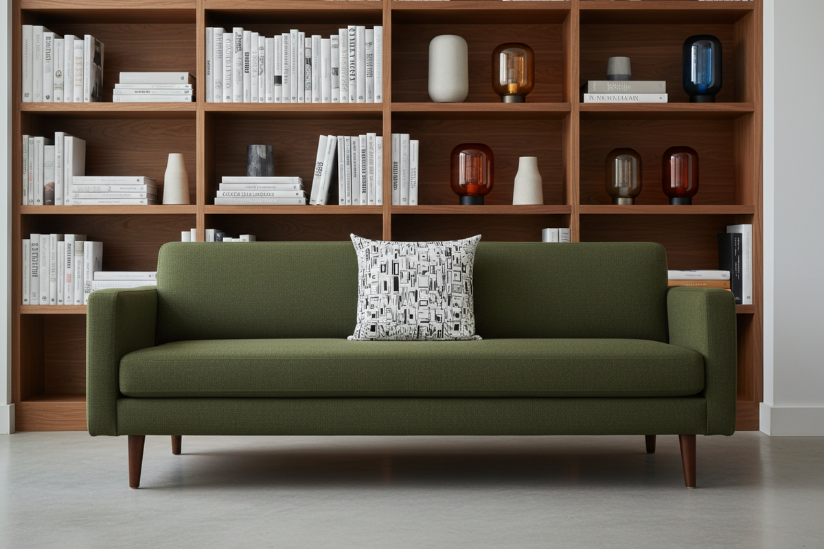 Rubicon black and ivory geometric pillow on a moss green mid-century modern sofa in front of floor-to-ceiling bookshelves