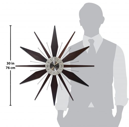 Utopia Satellite wall clock shown beside a person with a 30-inch height reference