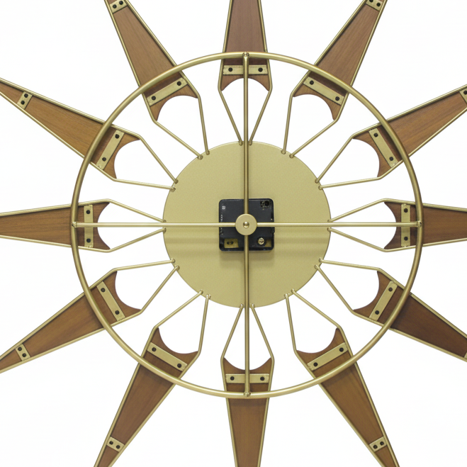 Back view of the Nova starburst wall clock showing the gold metal frame and keyhole hanger