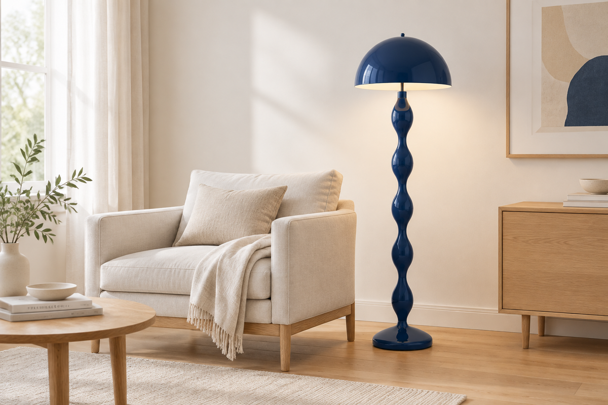 Blue Nordic Dimmable LED Floor Lamp in a Scandinavian living room