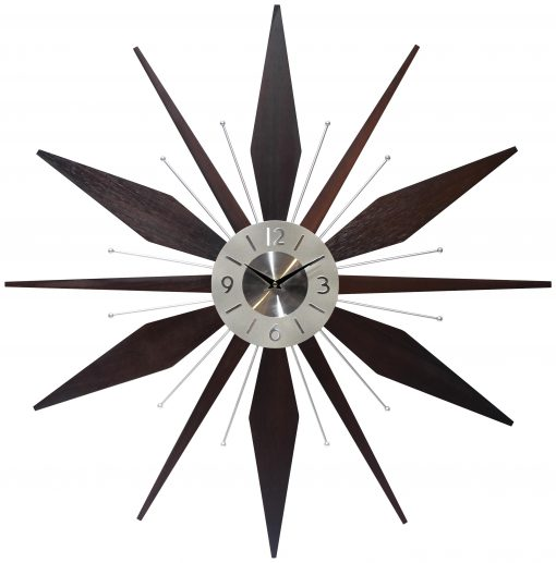 Utopia Satellite wall clock with dark wood-tone starburst rays, silver dial, black hands, and slim metal accents