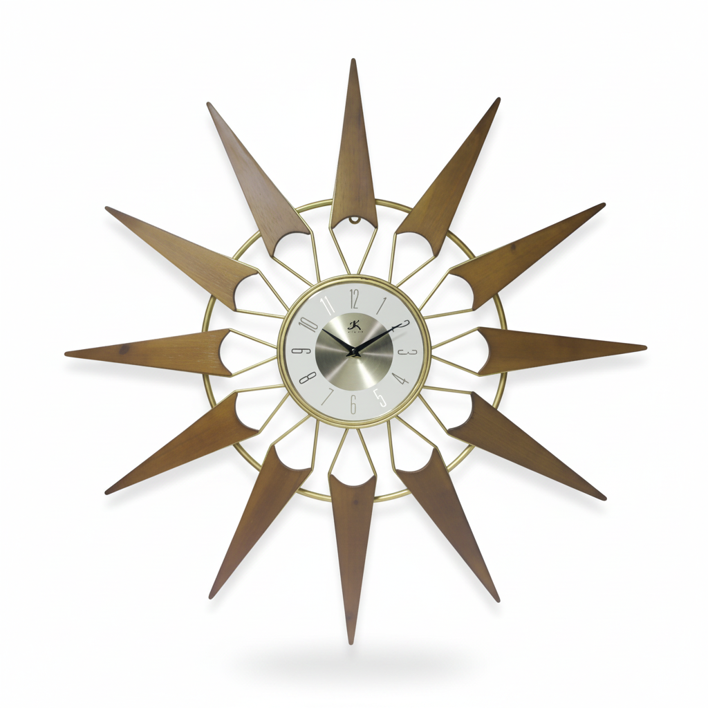 Nova starburst wall clock with aged wood rays, gold frame and silver face