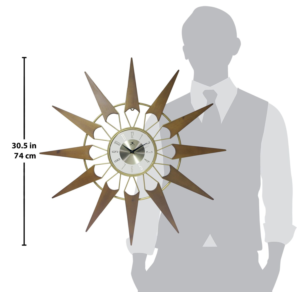 Nova starburst wall clock shown at 30.5 inch scale beside a person silhouette
