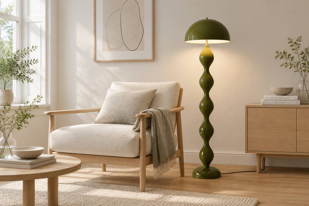 Green Nordic Dimmable LED Floor Lamp in a Scandinavian living room