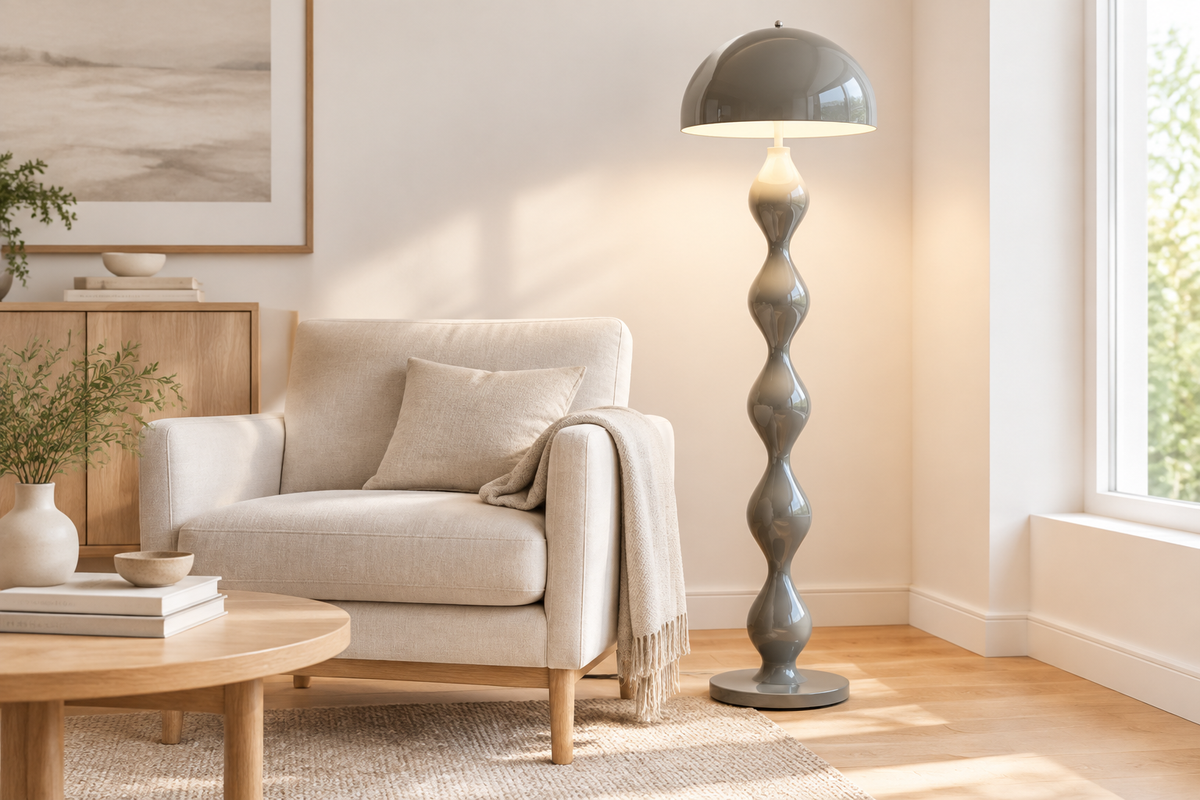 Mud Gray Nordic Dimmable LED Floor Lamp in a Scandinavian living room