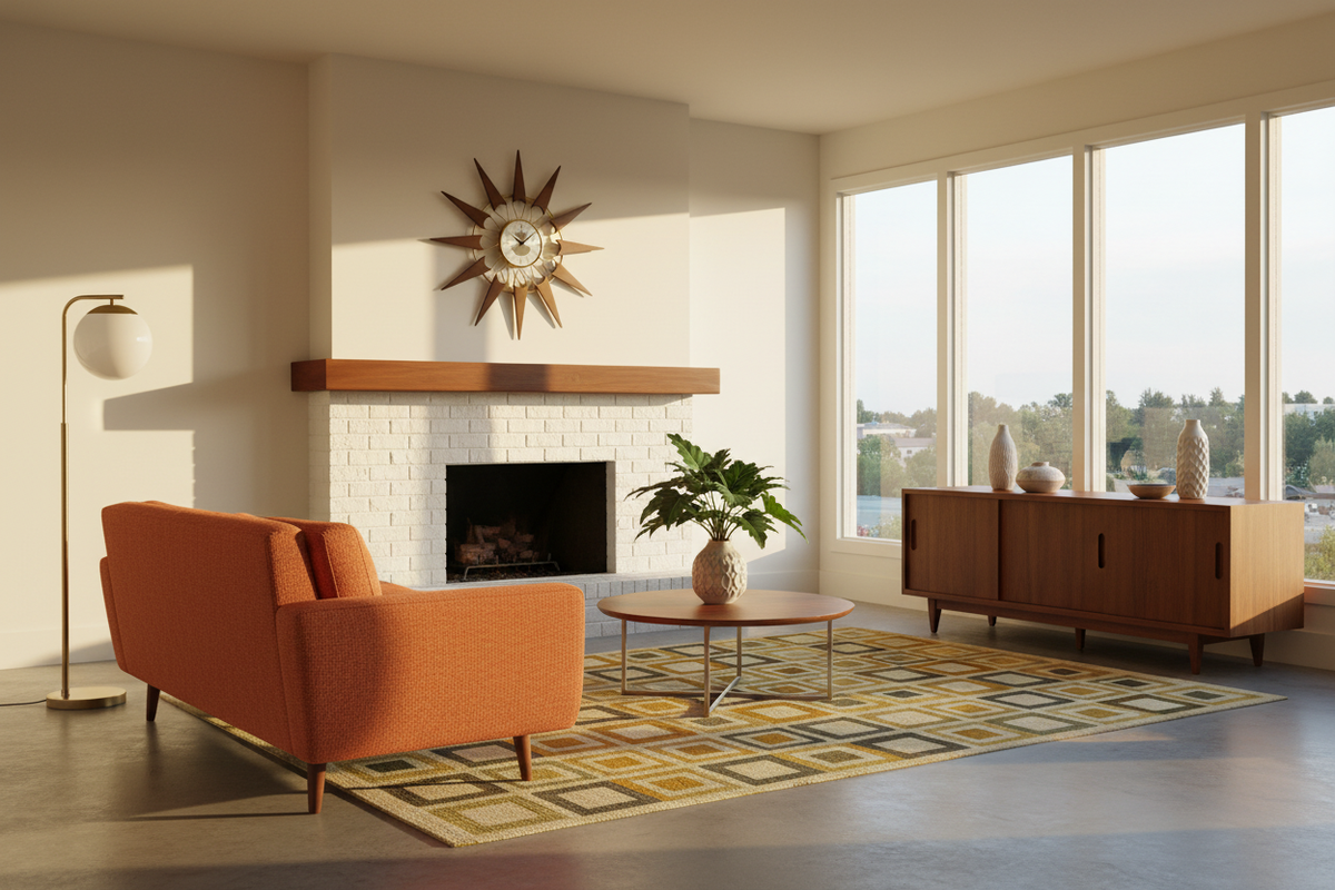 Mid-century modern living room with the Nova starburst clock above the fireplace, orange sofa and walnut credenza