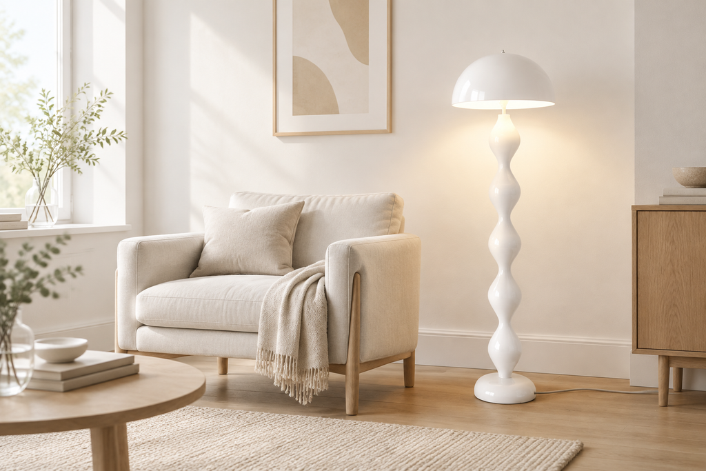 White Nordic Dimmable LED Floor Lamp in a Scandinavian living room