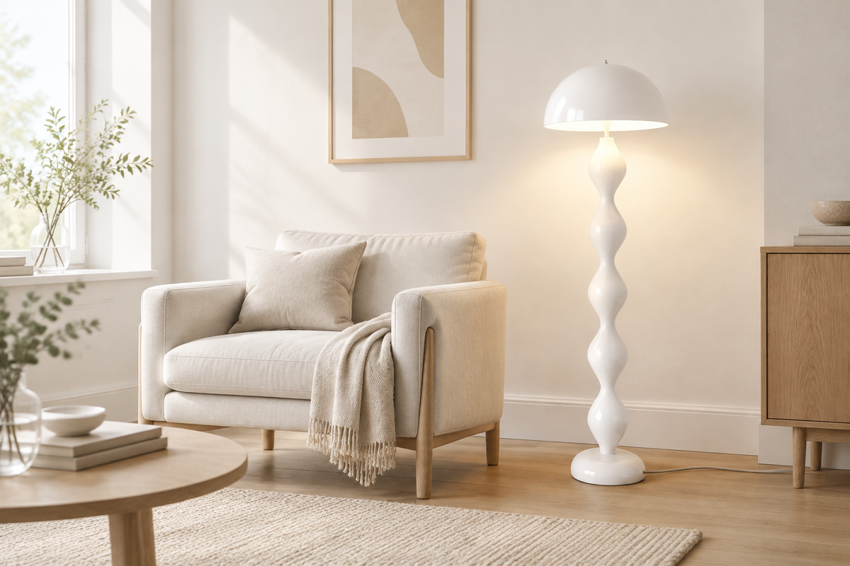 White Nordic Dimmable LED Floor Lamp in a Scandinavian living room