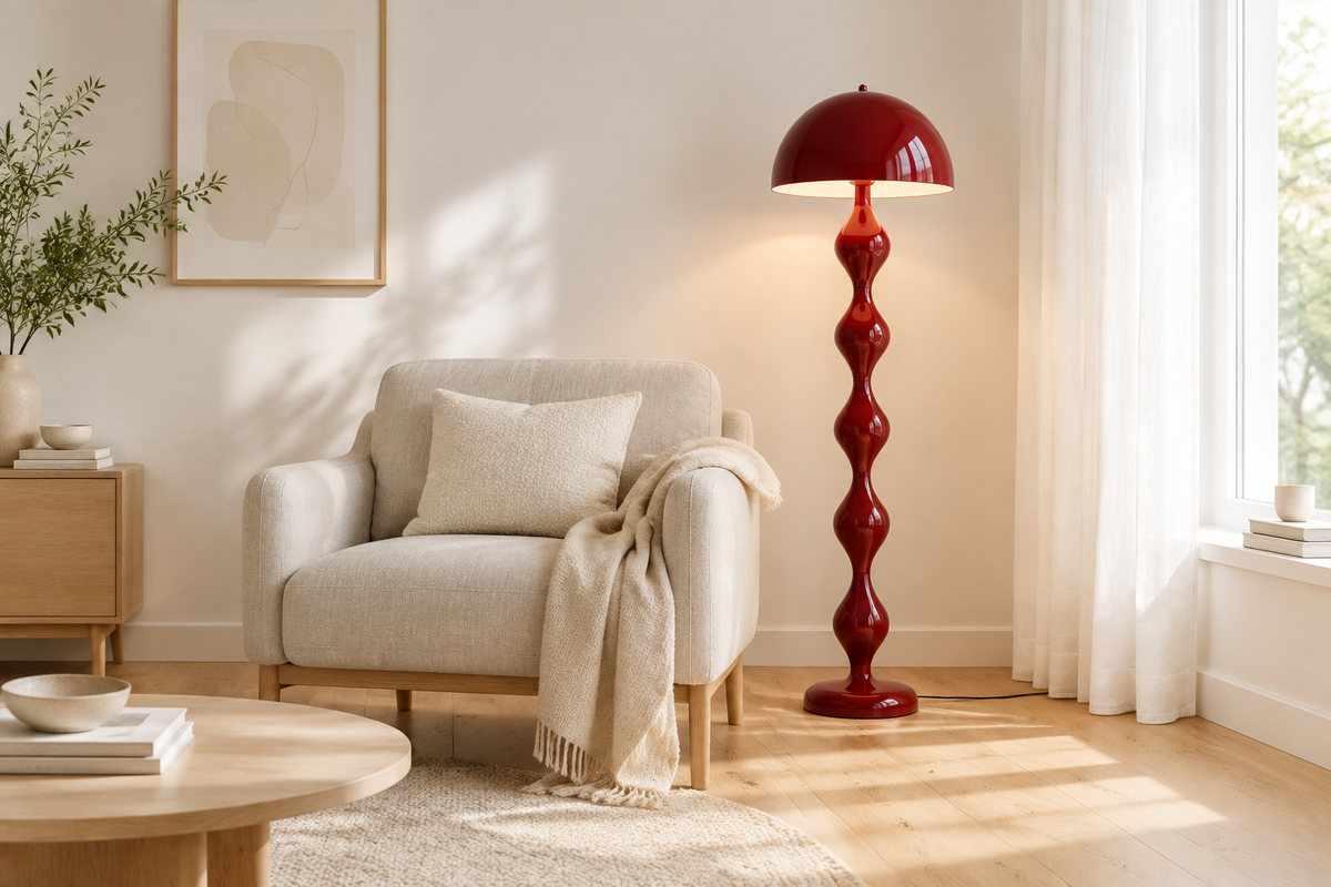 Red Nordic Dimmable LED Floor Lamp in a Scandinavian living room