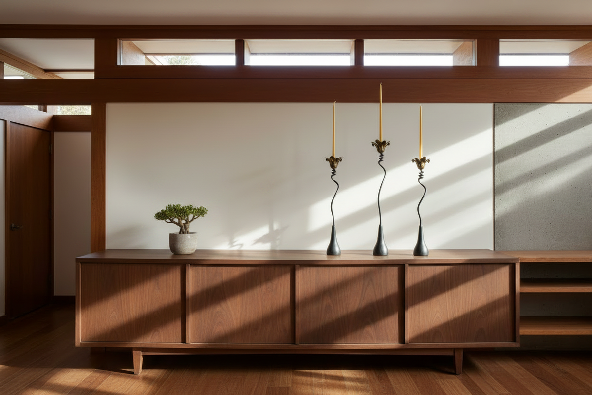 Jasmine Candlesticks FLW Credenza with Plant