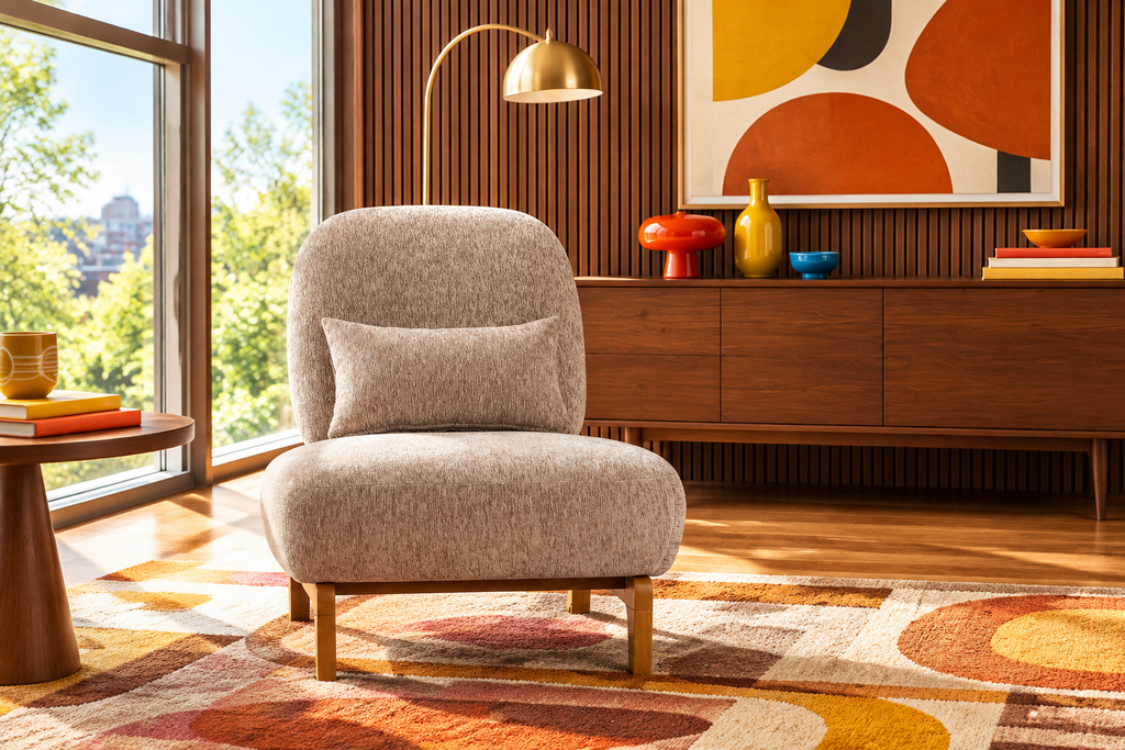 Kova Chair in bright, colorful MCM living room with vertical slat wall