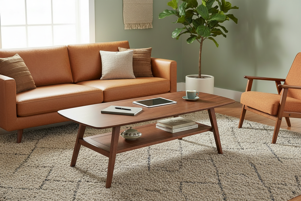 Living room with a cognac leather mid-century sofa and walnut coffee table