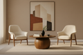 Living room with two cream chairs and MCM wall art in progress