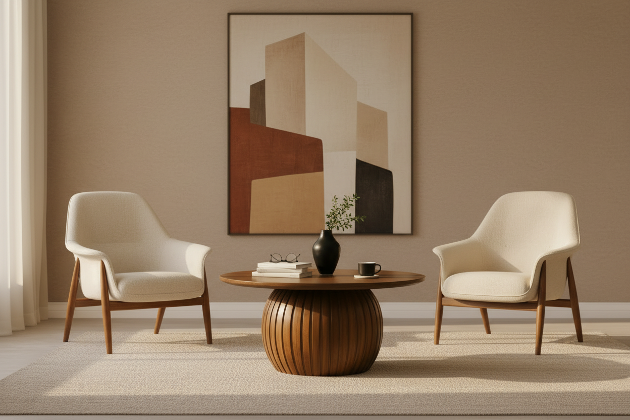 Living room with two cream chairs and MCM wall art in progress