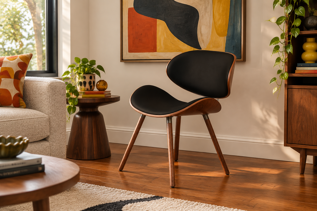 Marisal Accent Chair grounded in the corner of an eclectic MCM living room with abstract art