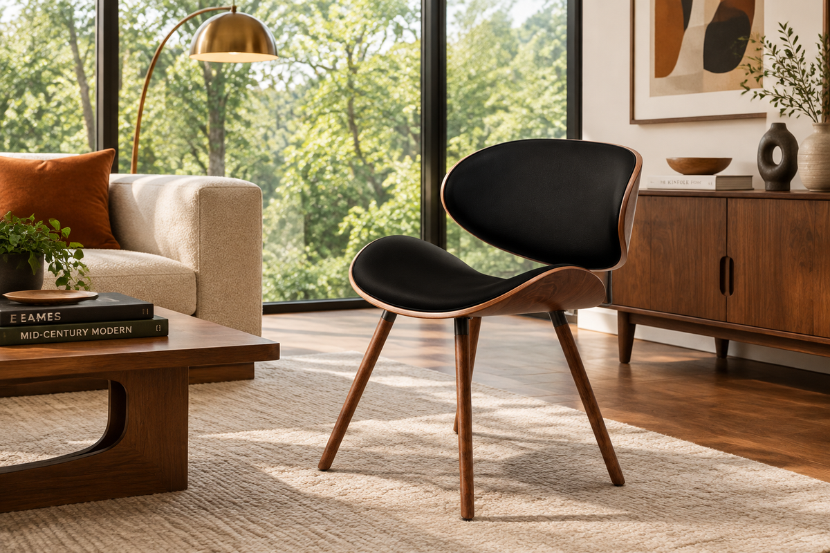 Marisal Accent Chair in a penthouse MCM living room with greenery outside the windows