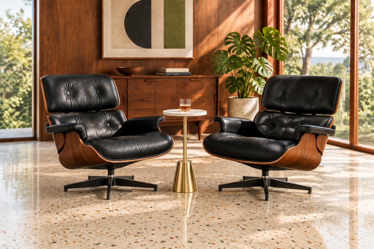Martini Marble Table centered between two black leather lounge chairs
