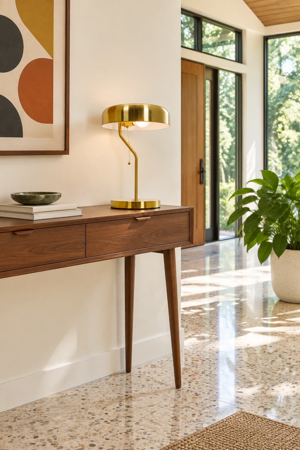 Hollis Lamp in a Mid-Century Modern entryway, regenerated with instructions to preserve its compact proportions