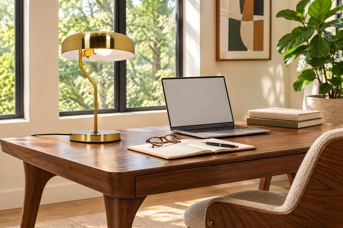 Hollis Lamp on a large Mid-Century Modern walnut desk with a laptop, reading glasses, and an open notebook