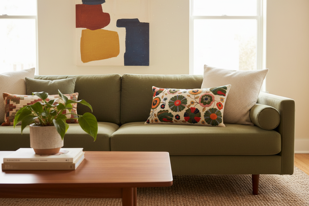 Mod Bloom Pillow in a natural moss-green MCM living room