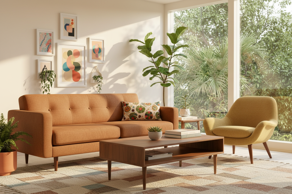Mod Bloom Pillow on a California Mid-Century Modern couch