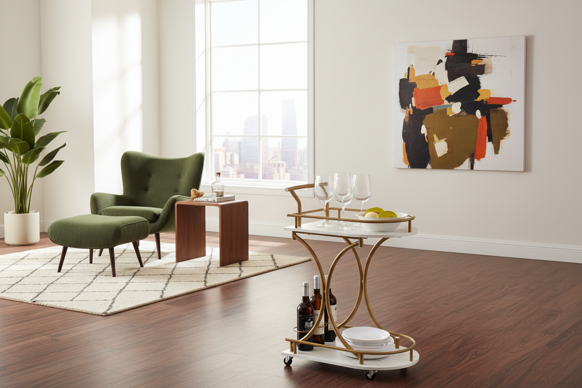 Monroe cart in a dark-floor MCM penthouse
