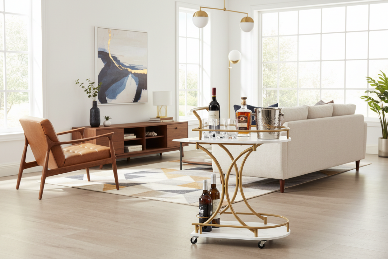 Monroe Cocktail Cart in a bright MCM living room