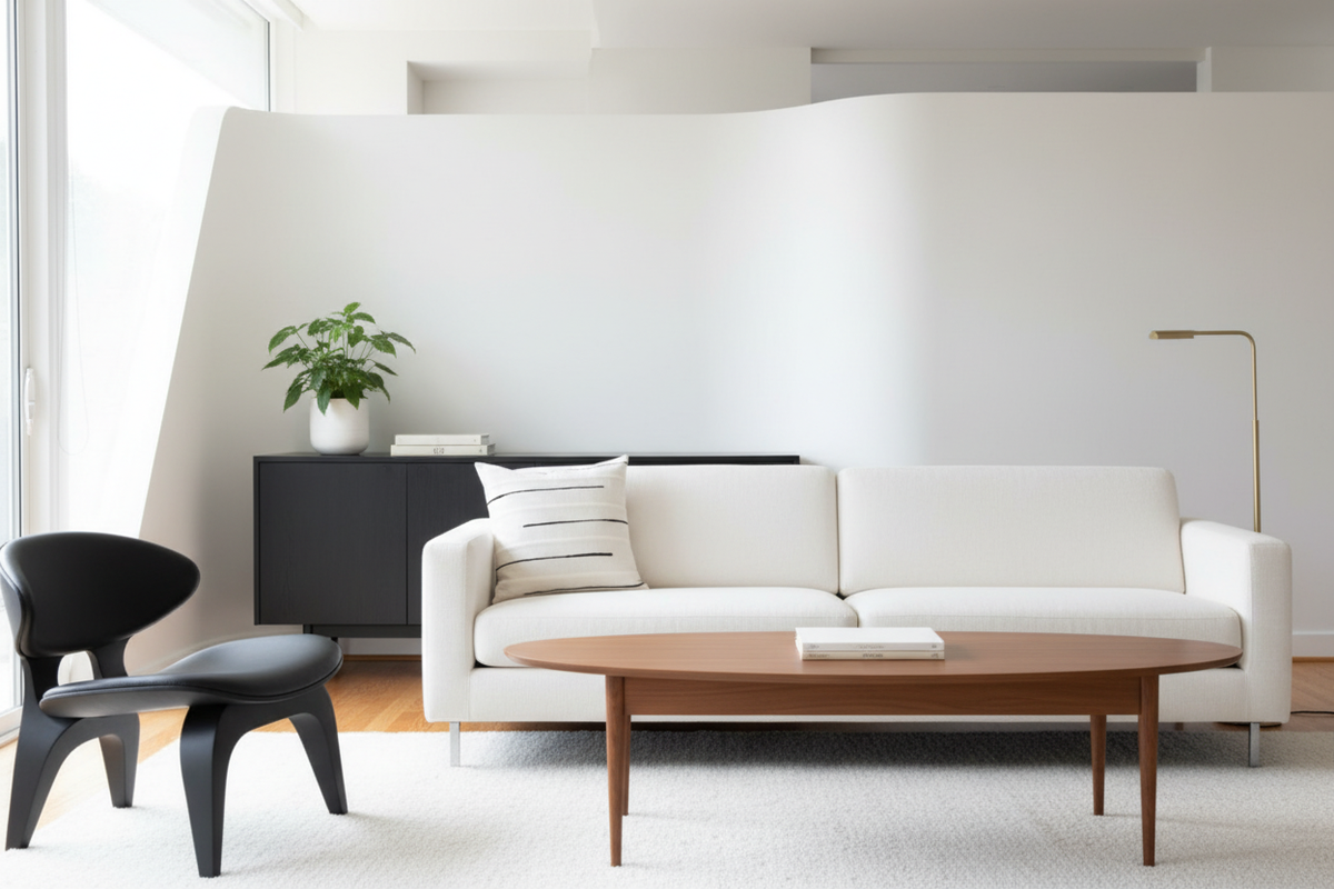 Original black, white, and walnut MCM living room with the Crossing Lines pillow