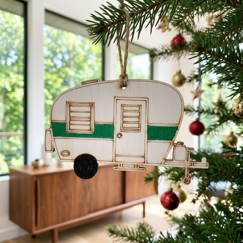 Retro Camper Wooden Ornament hanging on a Christmas tree in a bright Mid-Century Modern room