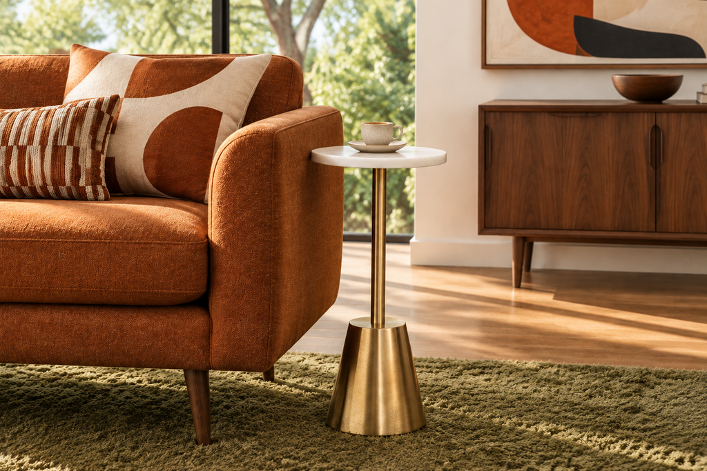 Revised Martini Marble Table beside terracotta seating