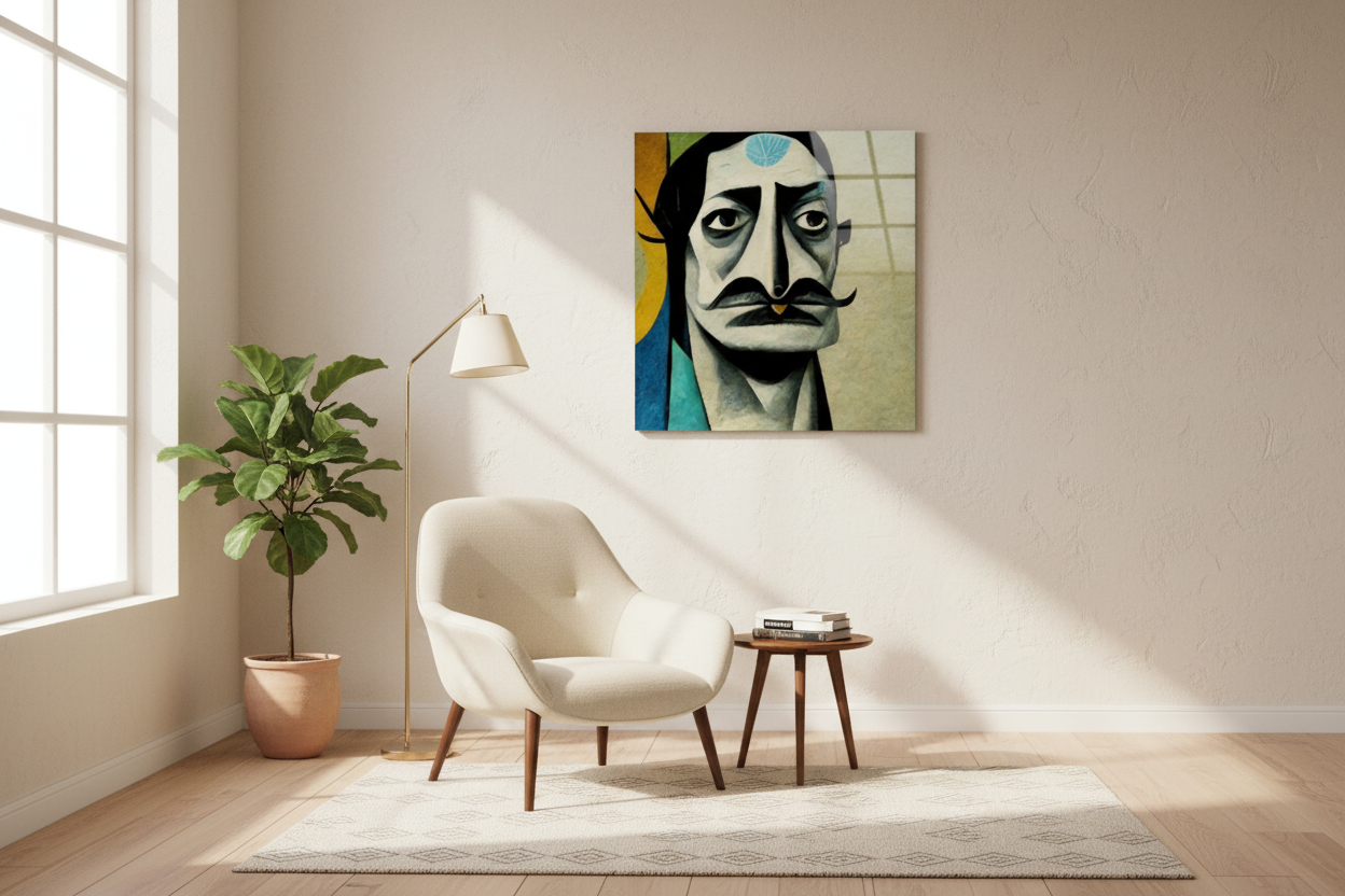 Salvador 20 by 20 inch glass wall art in a bright MCM reading nook