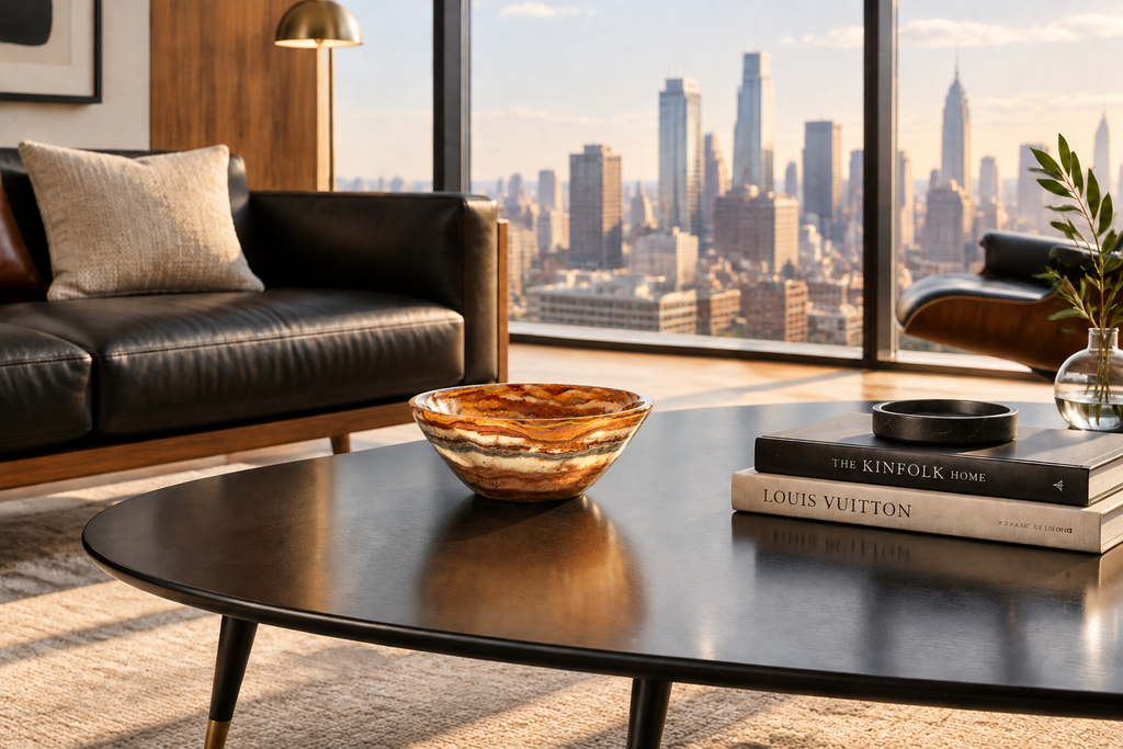 Sedona Onyx Bowl correctly scaled at 9.5" wide, 3" tall on the black coffee table