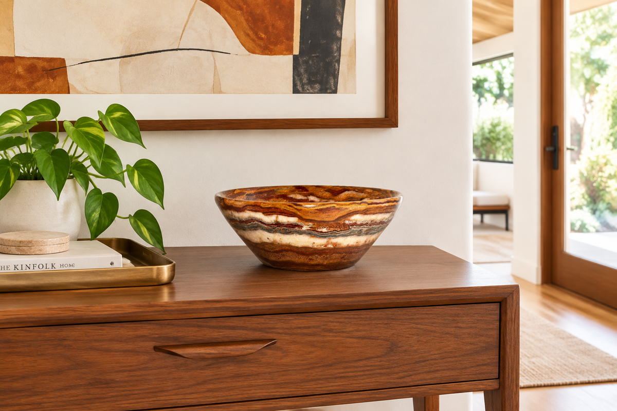Sedona Onyx Bowl on an MCM entryway table, California modern, no shadows