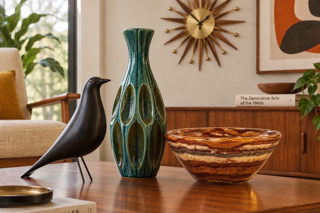 Sedona Onyx Bowl on the credenza with the starburst clock and teal vase