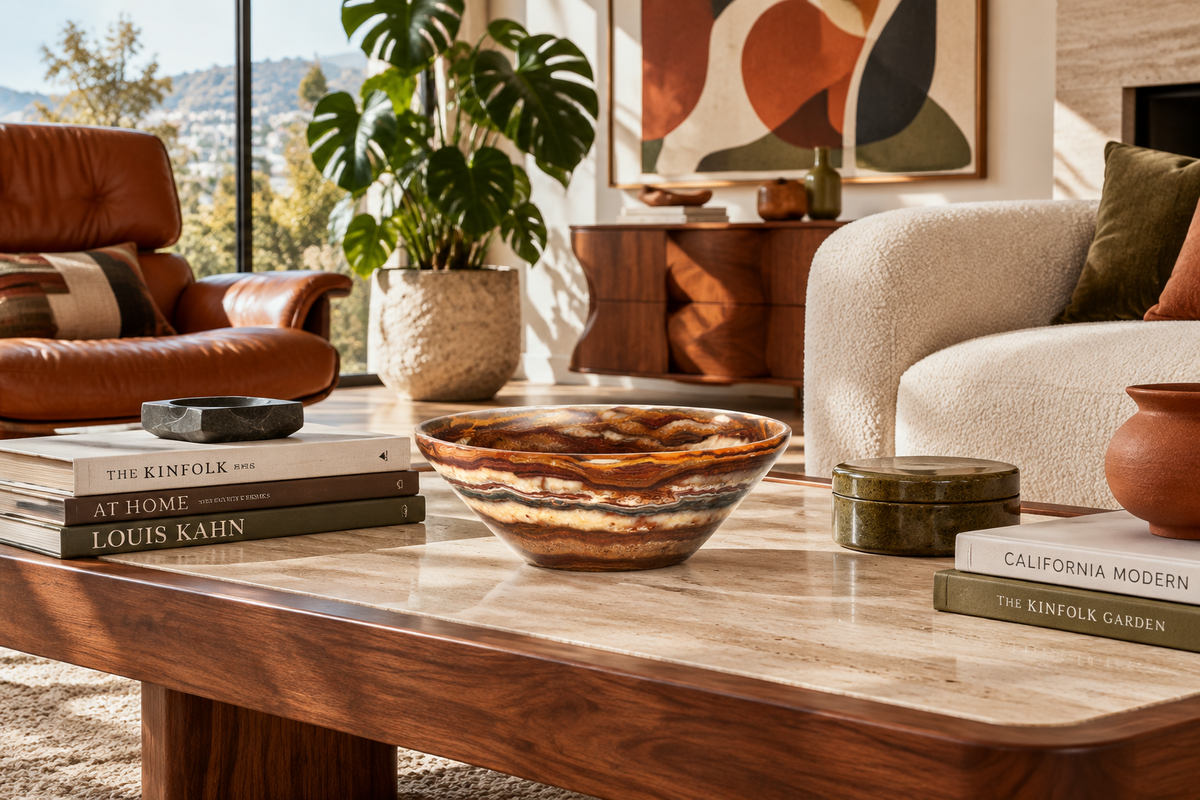Sedona Onyx Bowl styled in the Collected California Modern living room