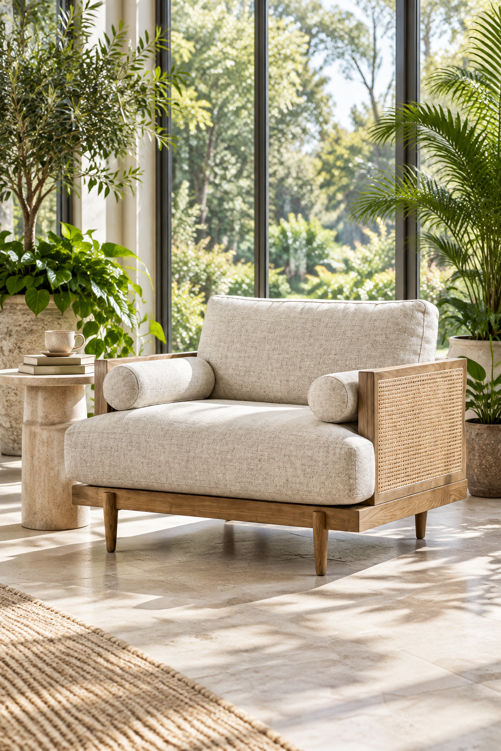 Sophia Cane Lounge Chair in a sunlit conservatory with large windows, plants, and a side table with books and coffee