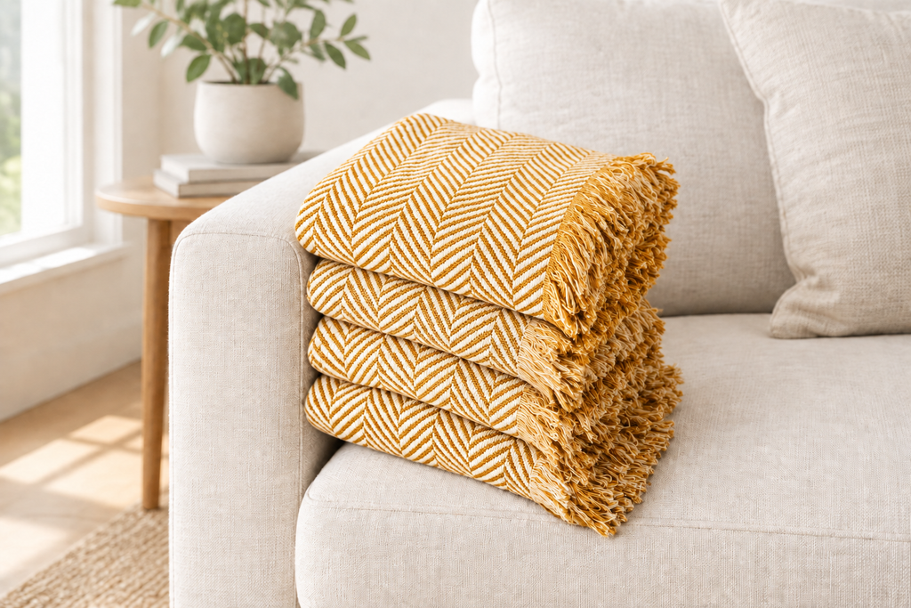 Stack of four folded goldenrod throws, all matching