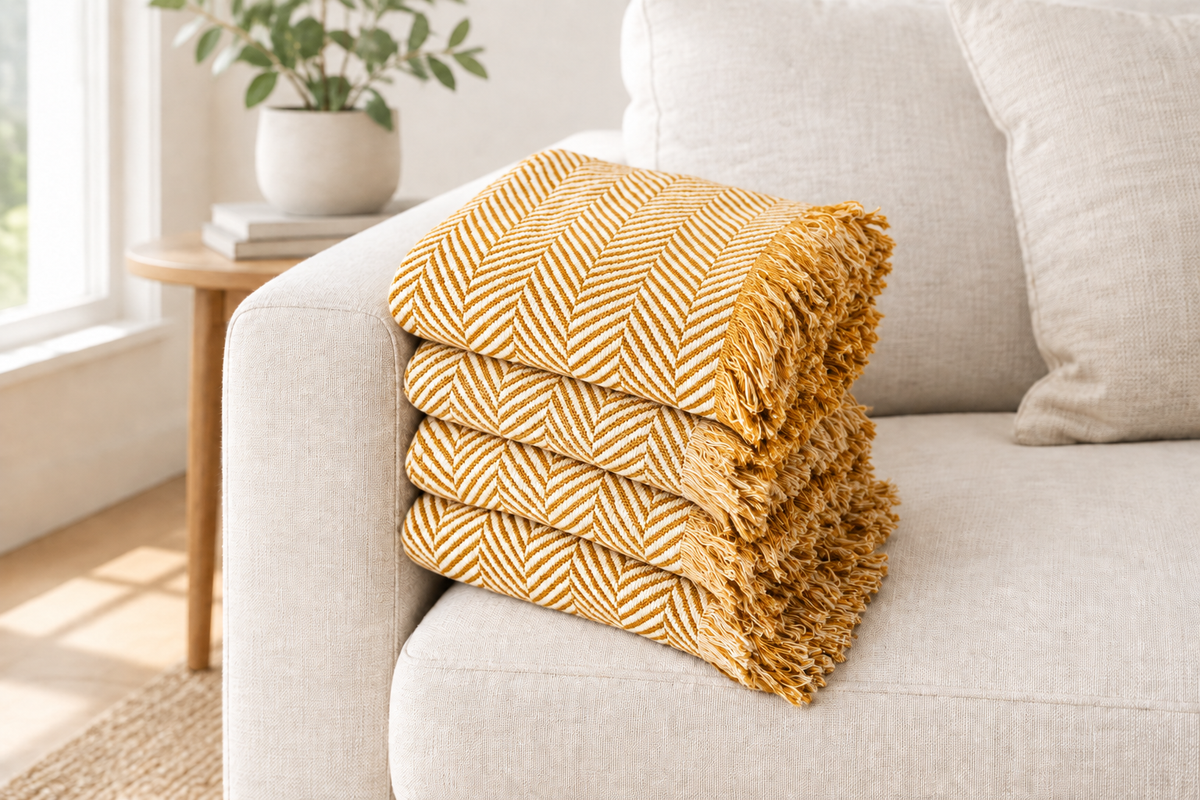 Stack of four folded goldenrod throws, all matching
