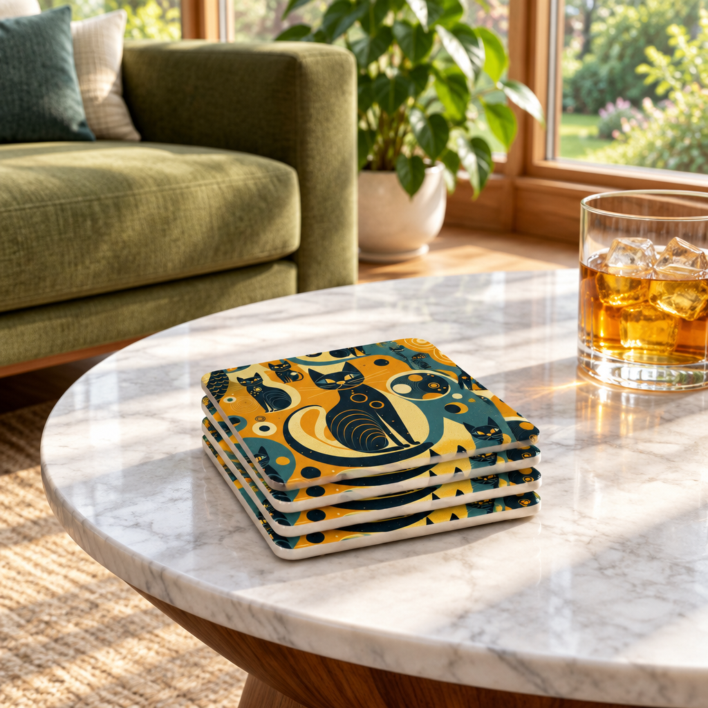 Stacked Atomic Cat Coasters on a round marble coffee table in a bright Mid-Century Modern room