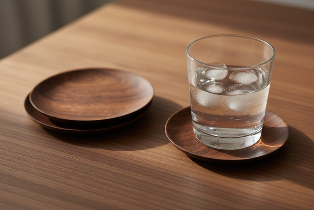 Sundial Teak Coasters - Stack with Glass
