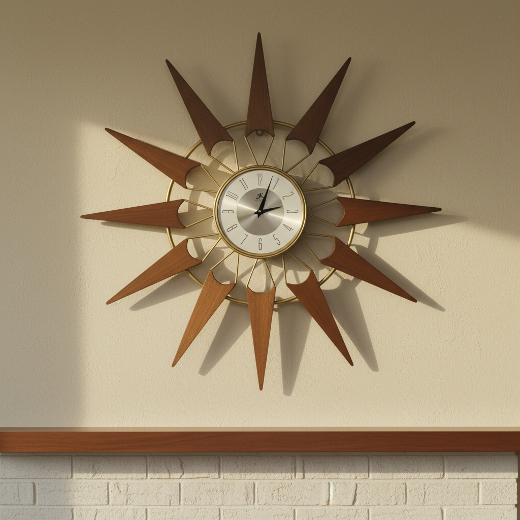 Tight crop of the Nova clock above a walnut mantel